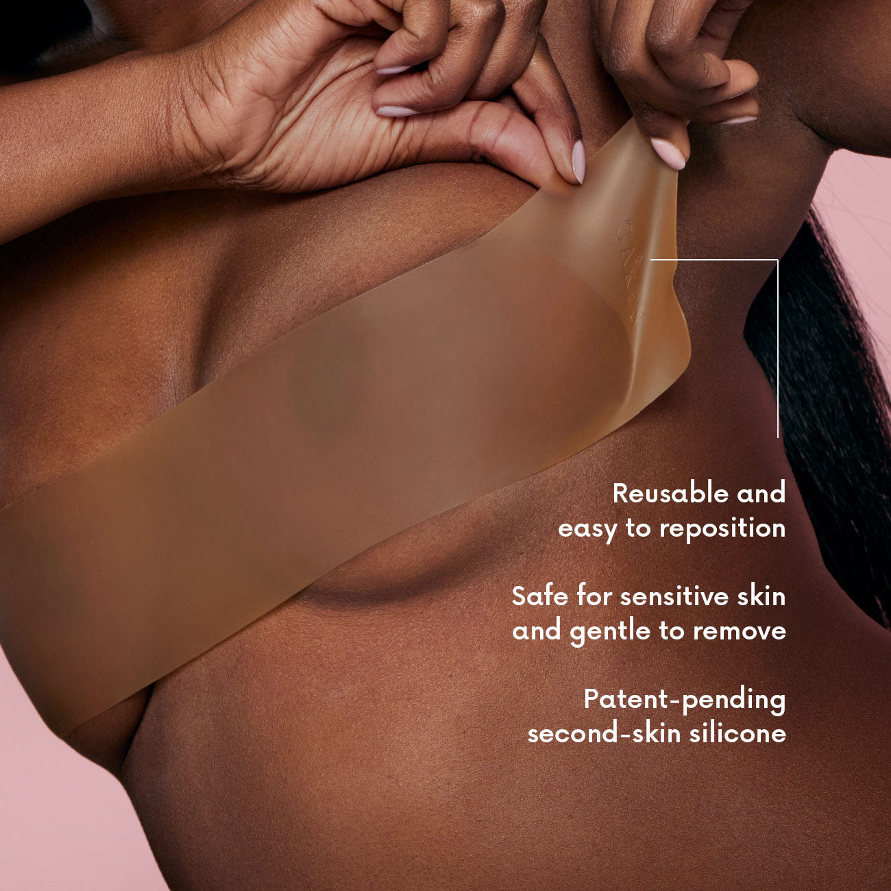Reusable adhesive bandage being applied to a person's skin with text highlighting its features.