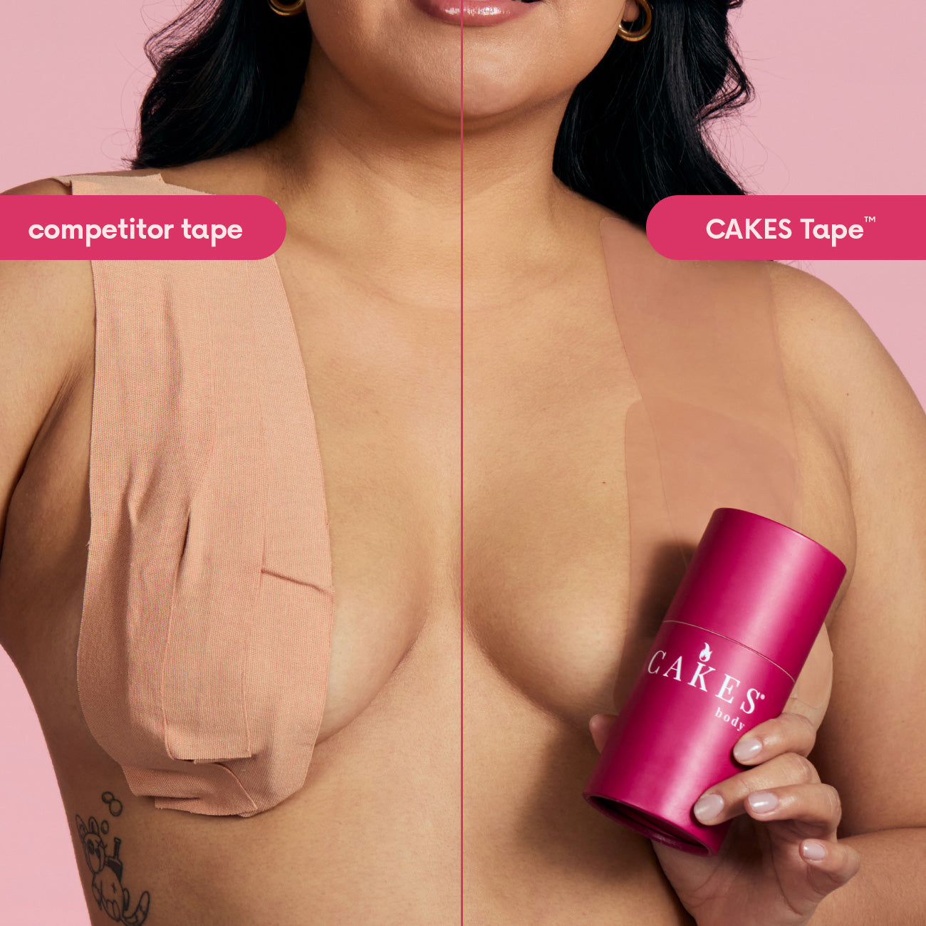 Comparison of 'competitor tape' and 'CAKES Tape' on a person's arm with a pink background.