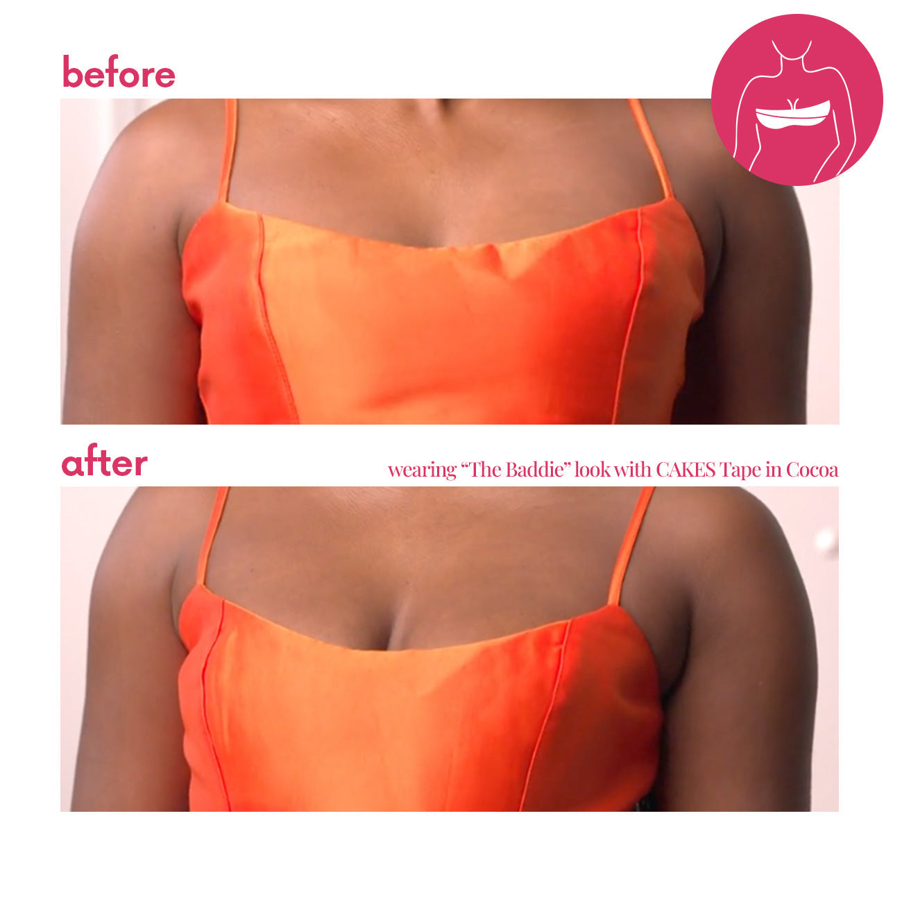 Before and after comparison of a person wearing CAKES Tape™