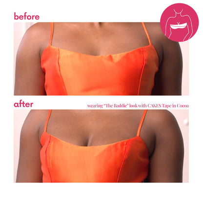 Before and after comparison of a person wearing CAKES Tape™