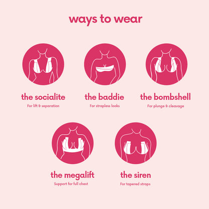 Diagram showing different ways to wear bras with pink circles and text on a light pink background